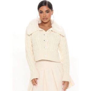 NEW! Fashionnova- Cream Off White Fur Lined Buttoned Long Sleeve Knit Cardigan